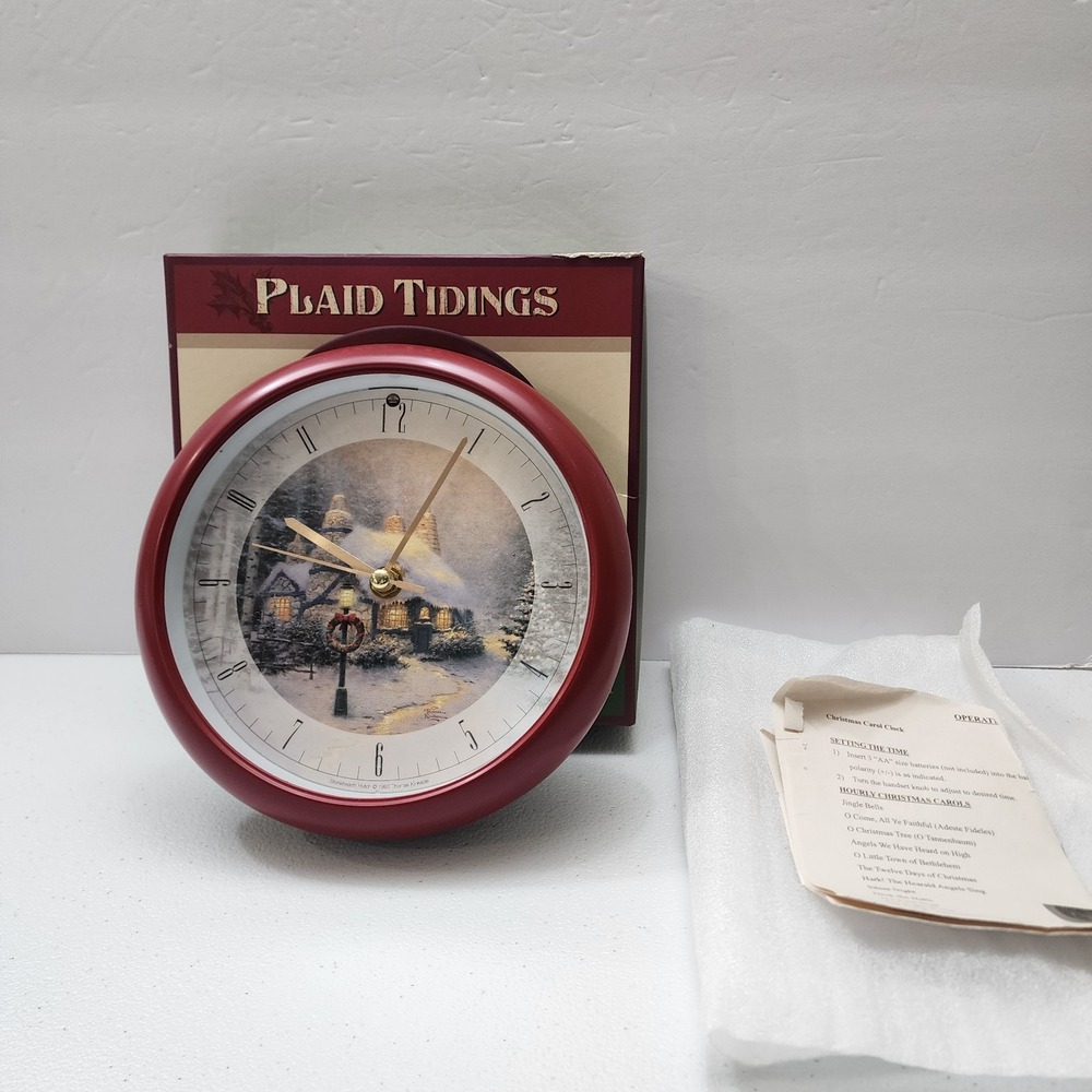 VTG 1993 Cracker Barrel Thomas Kinkade Plaid Tidings Christmas Carol Sound Clock